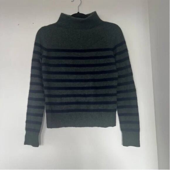 Vince Breton Stripe Turtleneck Cashmere Sweater In Heather Moss/ Coastal - Picture 5 of 12